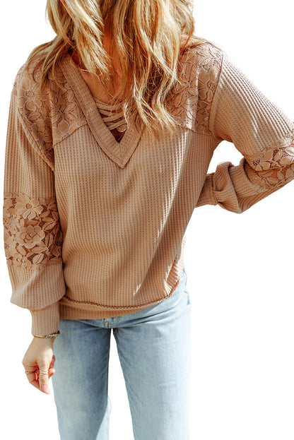 Lace Waffle Patchwork Strappy V Neck Long Sleeve Top | Apricot