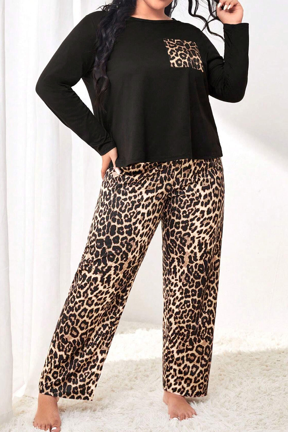 Leopard Patched Pocket Long Sleeve Top Plus Size Pants Set | Black