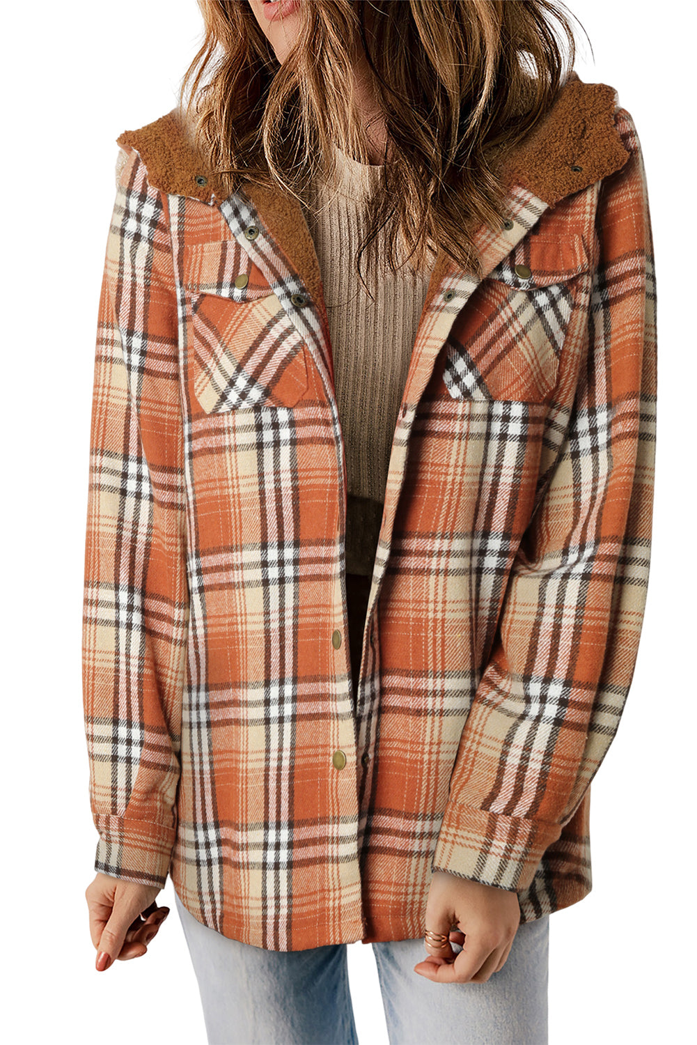 Plaid Pattern Sherpa Lined Hooded Shacket | Orange