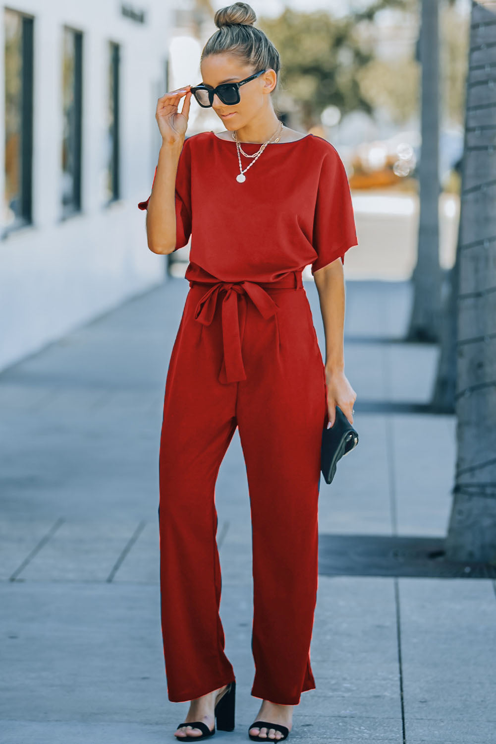 Fiery  Belted Wide Leg Jumpsuit | Red