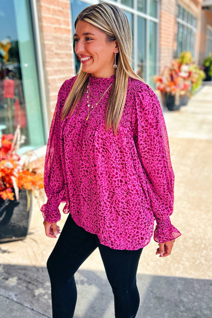 Leopard Shirred Puff Sleeve Flowy Blouse | Rose