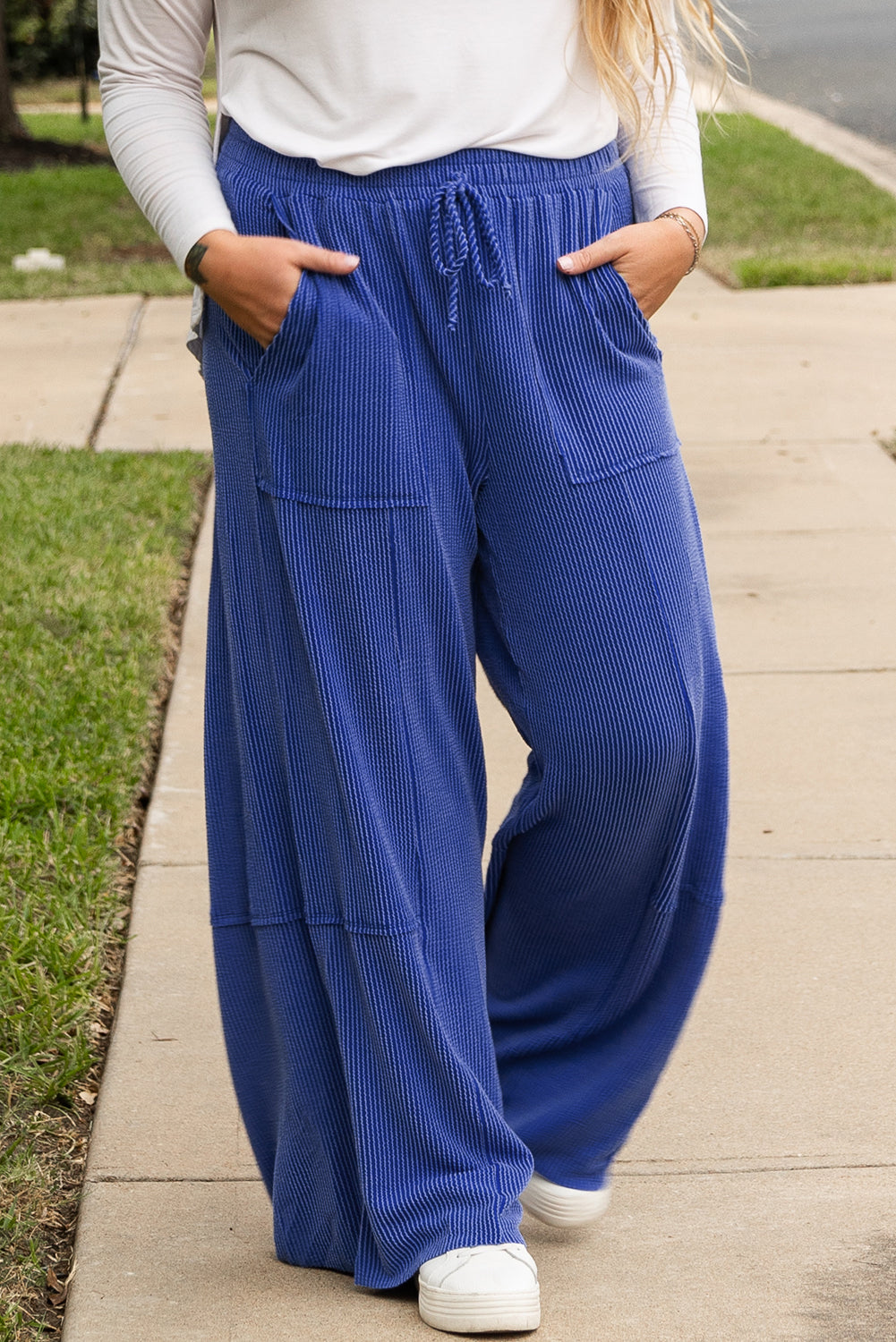 Corded Drawstring High Waist Pocket Plus Size Wide Leg Pants | Sky Blue