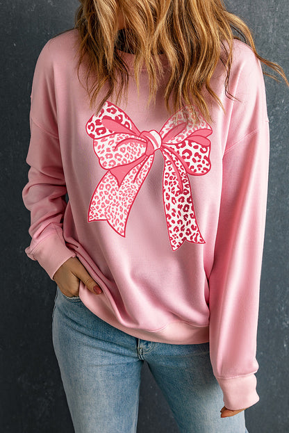 Leopard Bowknot Printed Crewneck Pullover Sweatshirt | Pink