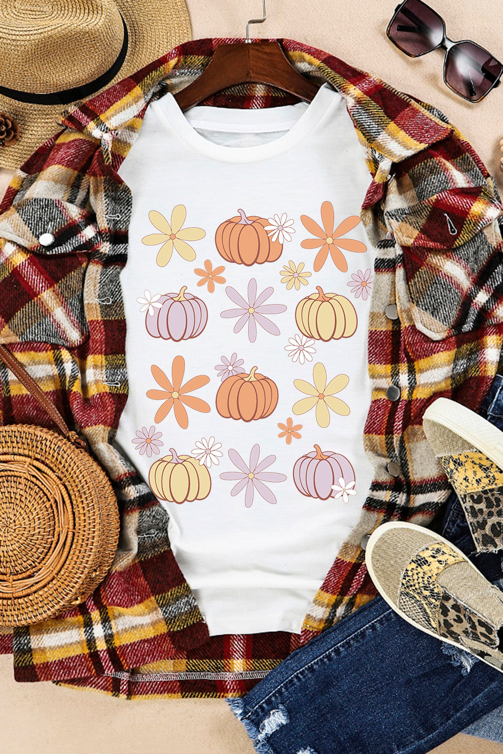 Floral Pumpkin Graphic Crewneck Halloween T Shirt | White