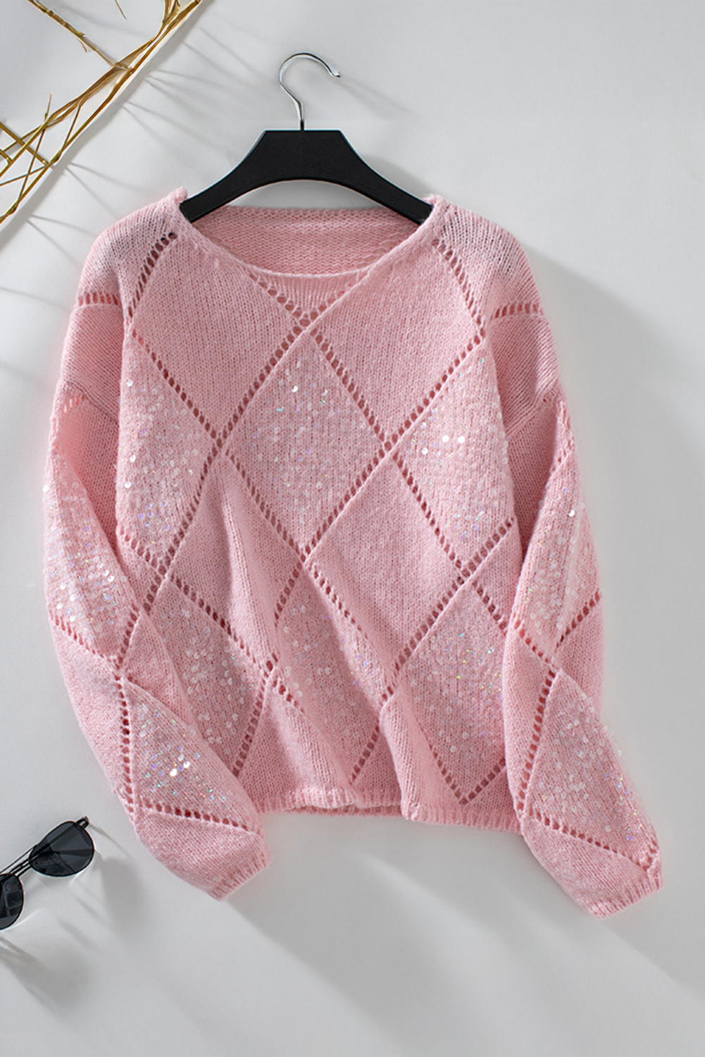 Hollowed Rhombus Pattern Sequin Detail Round Neck Sweater | Light Pink