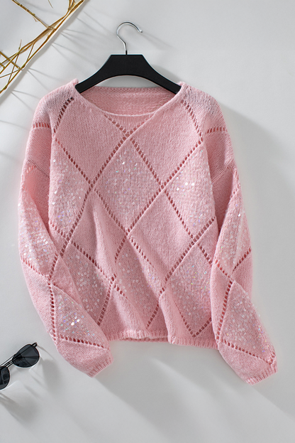 Hollowed Rhombus Pattern Sequin Detail Round Neck Sweater | Light Pink