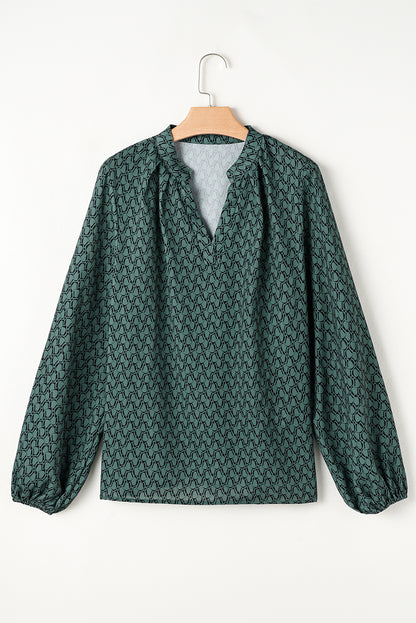 Geometric Print Notched Neck Puff Sleeve Blouse | Green