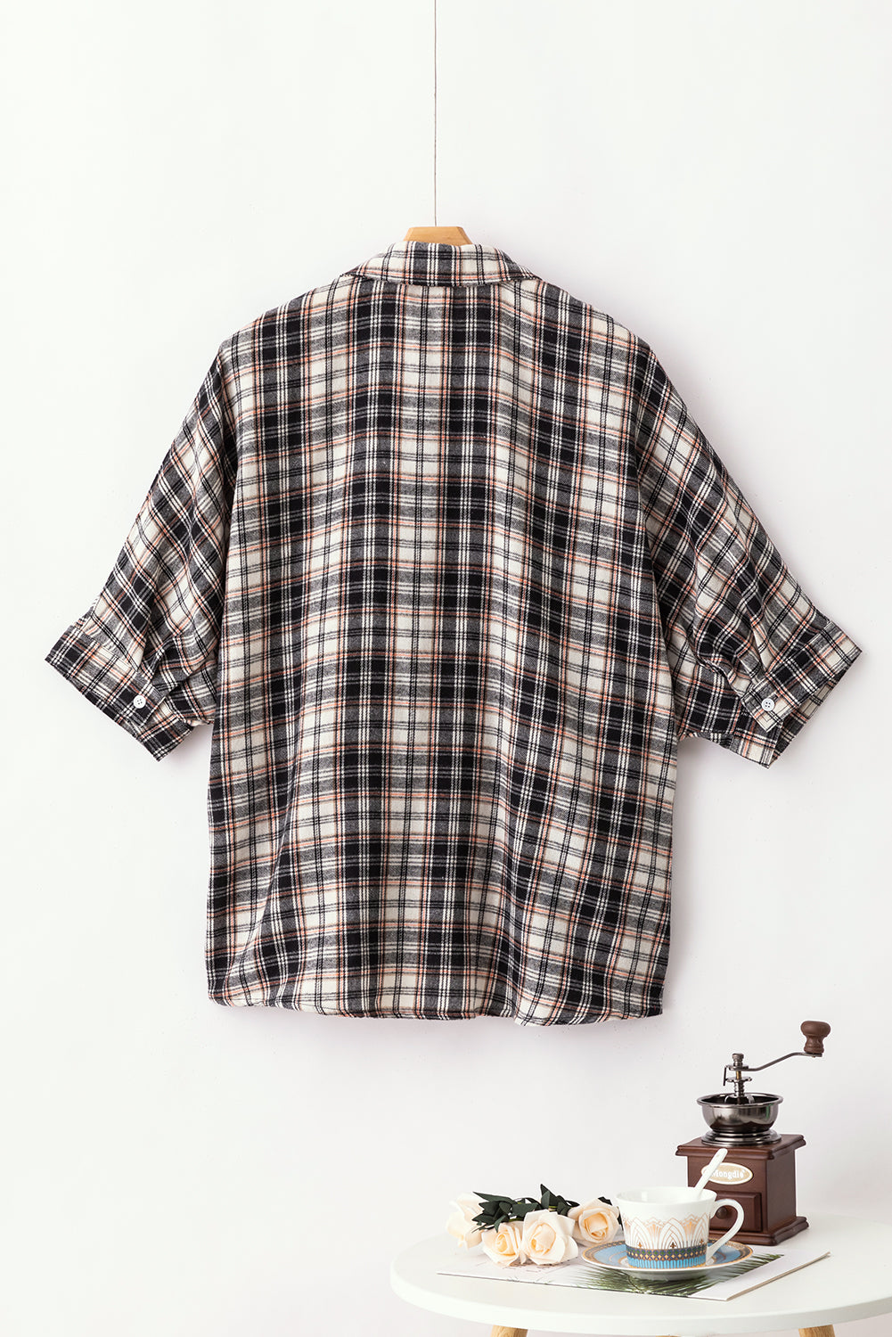 Plaid Print Chest Pockets Oversize Shirt | Black