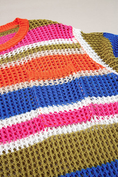 Colourblock Hollowed Crochet 3/4 Sleeve Sweater | Orange Stripe