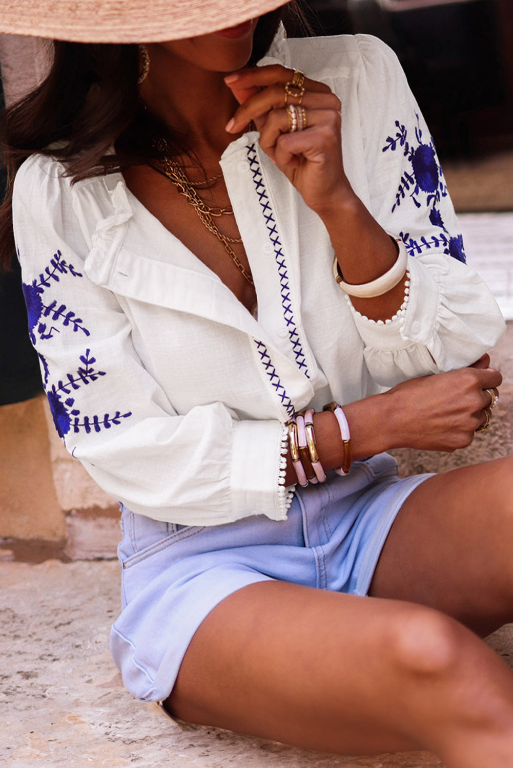 Floral Embroidered Bracelet Sleeve Shirt | White