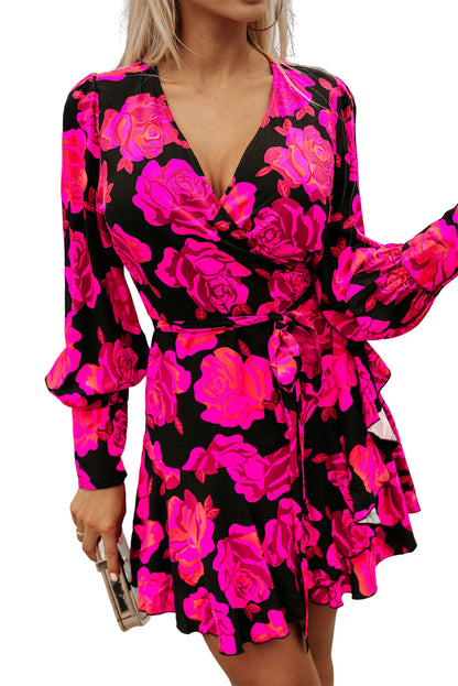 Floral Print V Neck Wrap Bishop Sleeve Ruffle Tiered Mini Dress | Rose