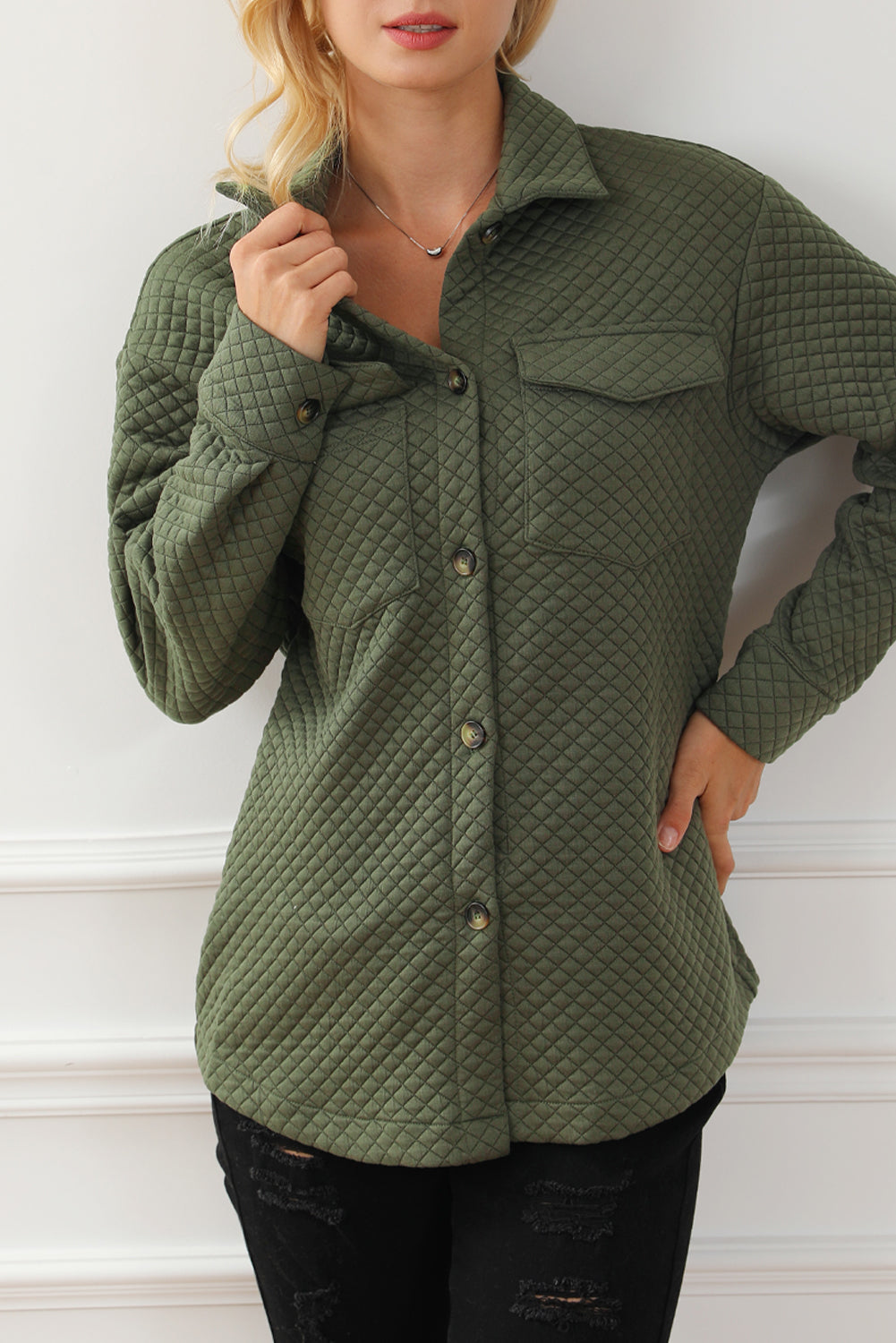 Retro Quilted Flap Pocket Button Shacket | Green