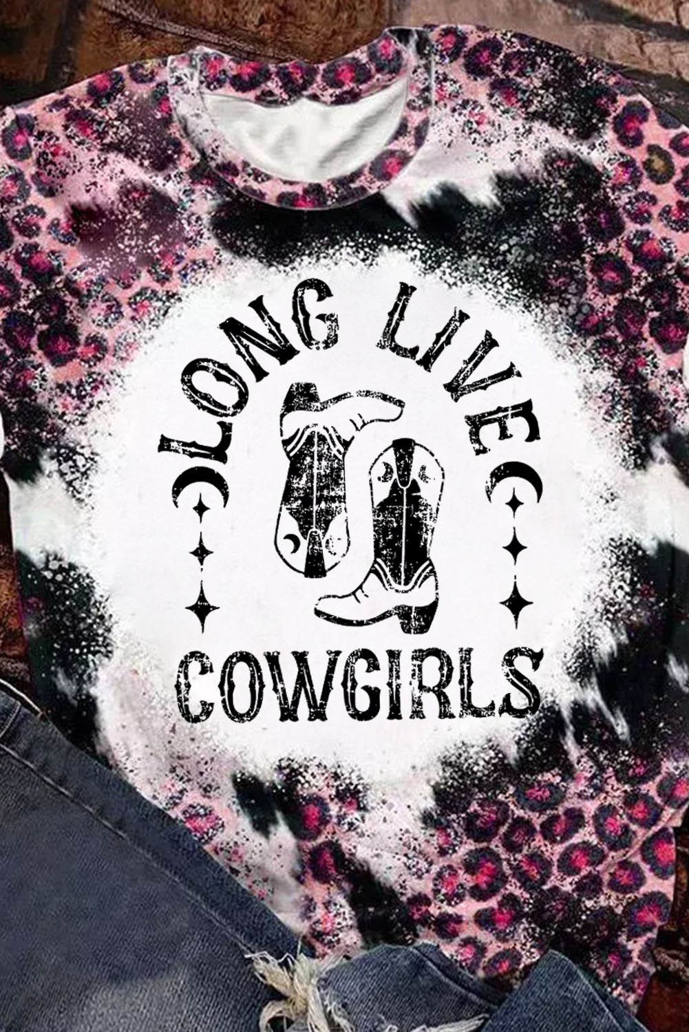 Cowgirls Boots Leopard Bleached Crew Neck T Shirt | Pink