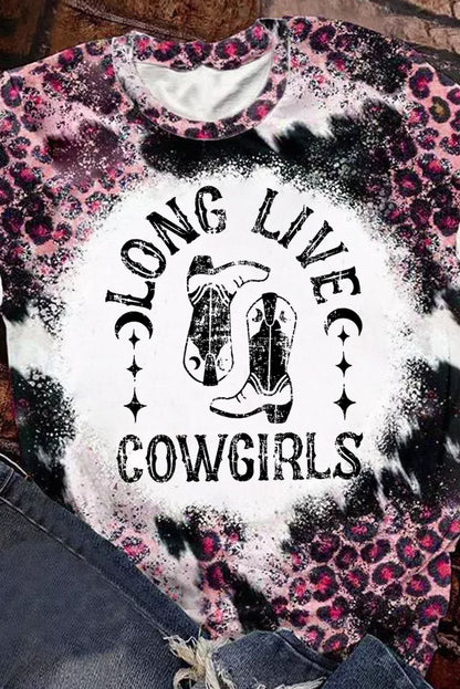 Cowgirls Boots Leopard Bleached Crew Neck T Shirt | Pink