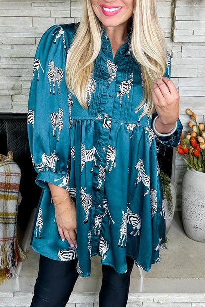 Blue Printed Zebra Pattern Pleated Shirt Tunic Dress