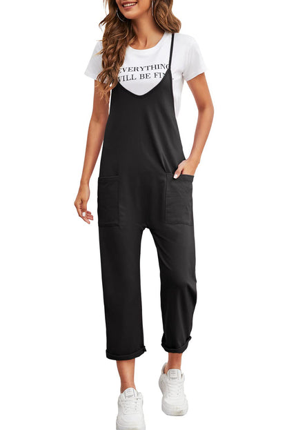 Pocketed Adjustable Spaghetti Strap Straight Leg Jumpsuit | Black