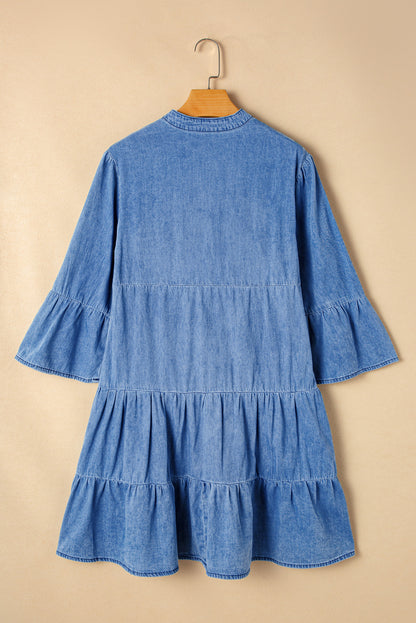 Chambray Ruffled 3/4 Sleeve Tiered Split V Neck Mini Dress | Sky Blue