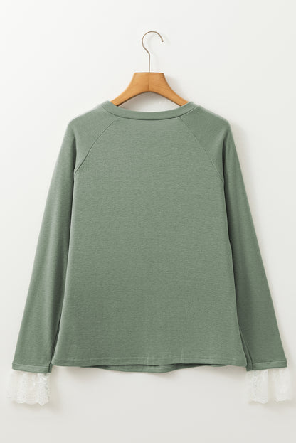 Seam Detail Lace Contrast Cuffs Raglan Sleeve Top | Grass Green