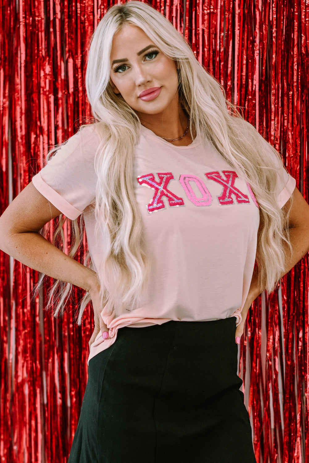 Valentines Shiny Xoxo Graphic T-Shirt | Pink