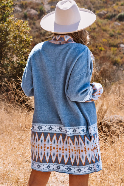 Aztec Print Open Front Knitted Cardigan | Blue