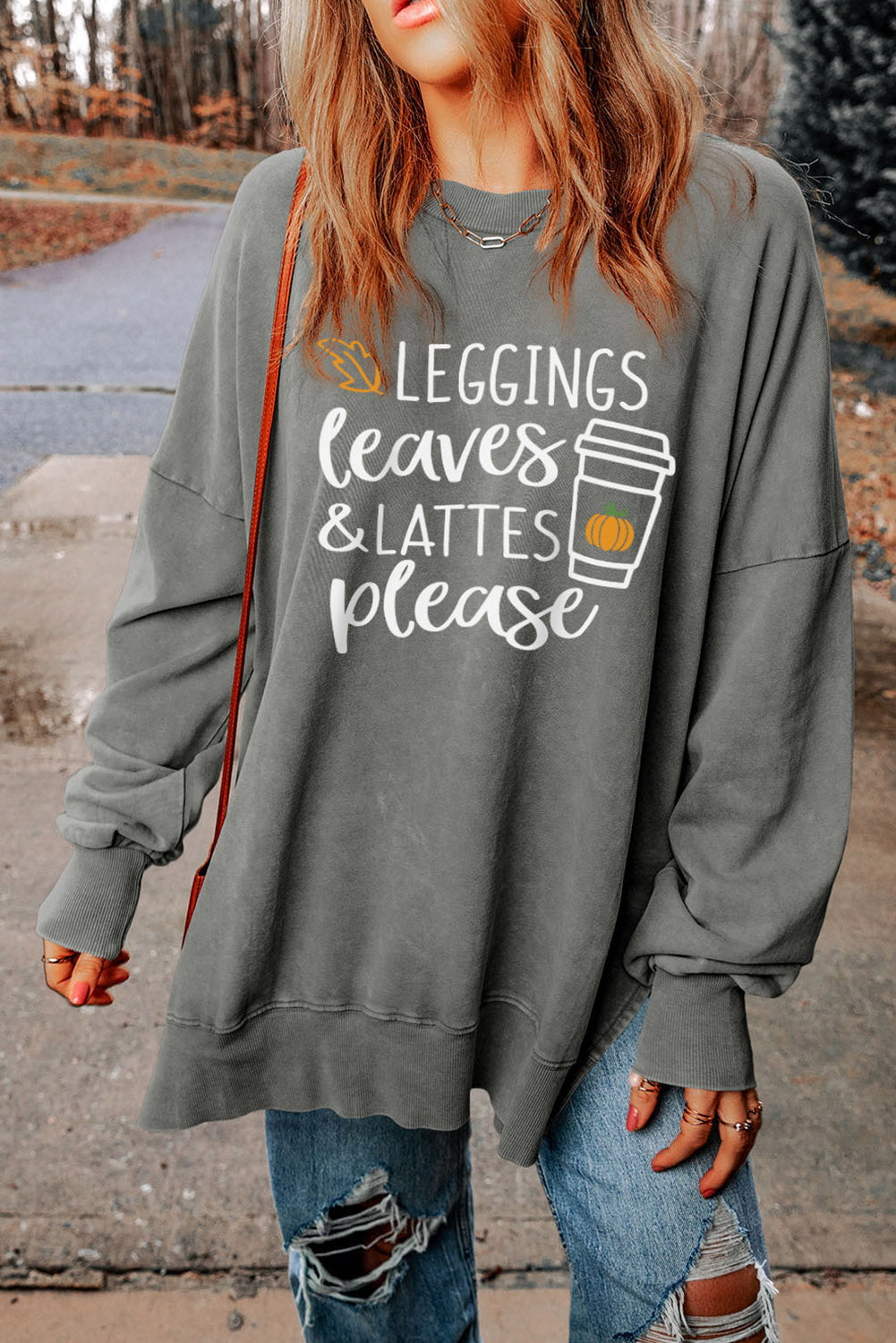 Gray Slogan Print Side Split Oversized Sweatshirt