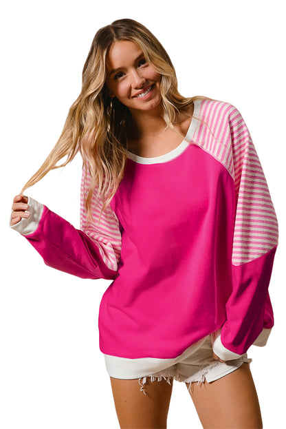 Striped Patchwork Crew Neck Raglan Sleeve Top | Strawberry Pink