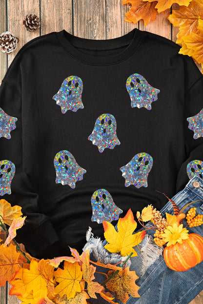 Glitter Ghosts Pattern Long Sleeve Halloween Sweatshirt | Black