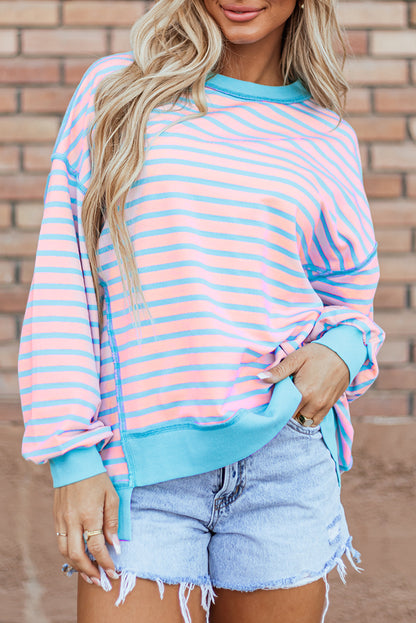 Contrast Trim High Low Pullover Tunic Sweatshirt | Pink Stripe