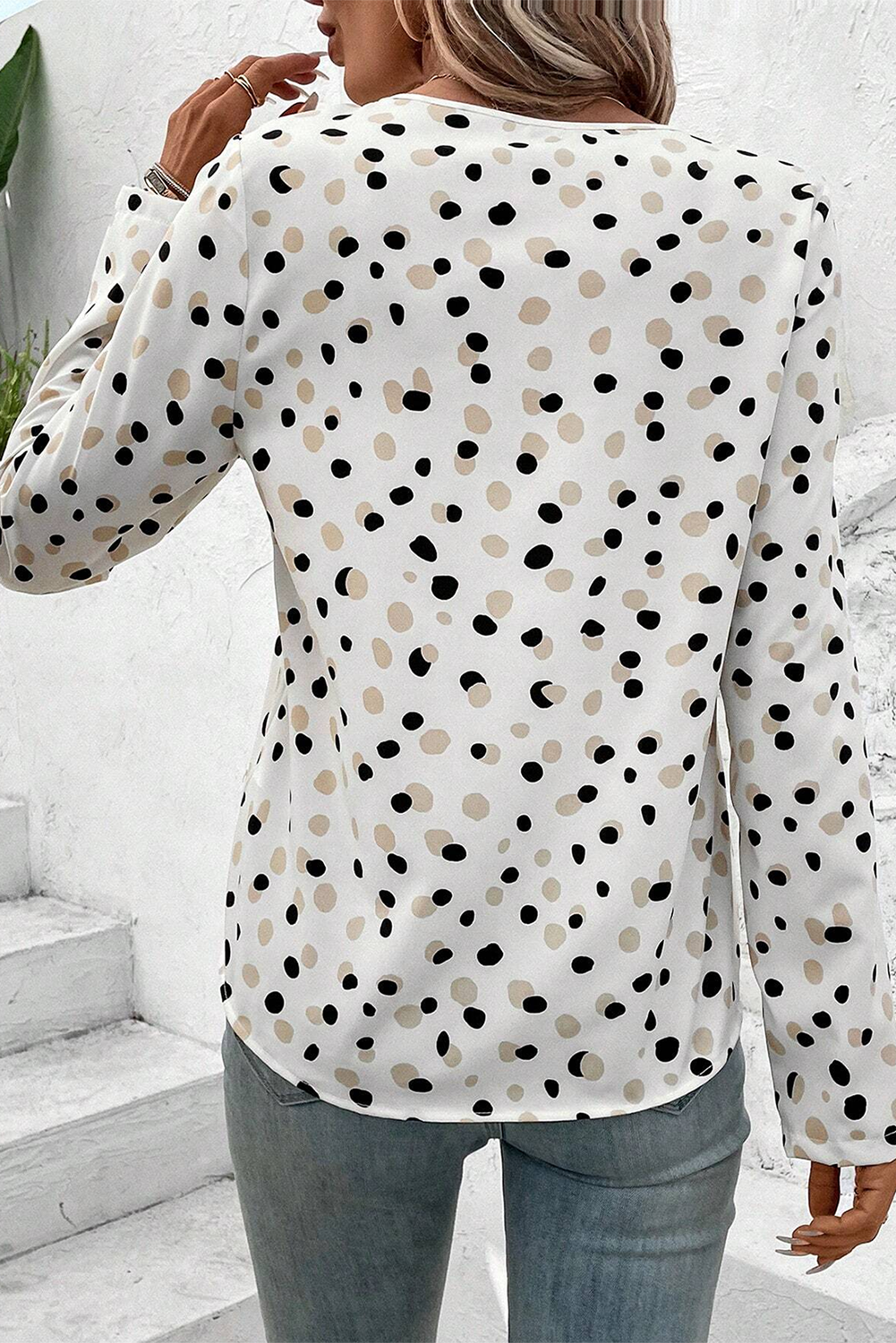 Polka Dot Print Button Front V Neck Blouse | White