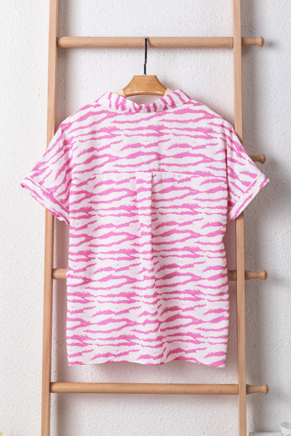 Zebra Pattern V Neck Short Sleeve Blouse | Rose