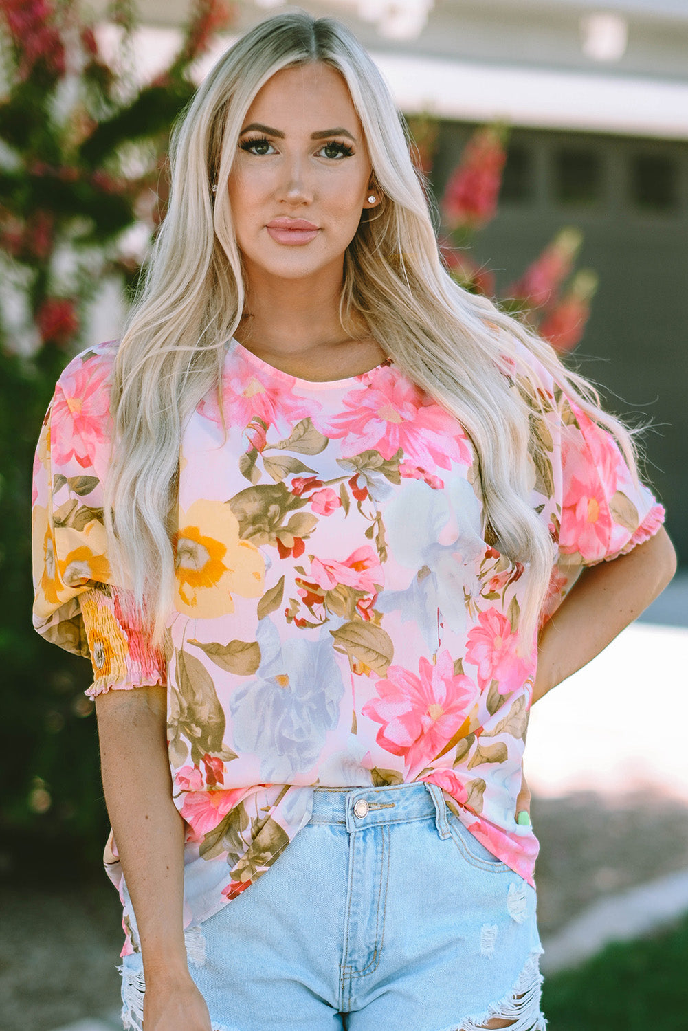 Shirred Cuff 3/4 Sleeve Loose Fit Floral Blouse | Pink