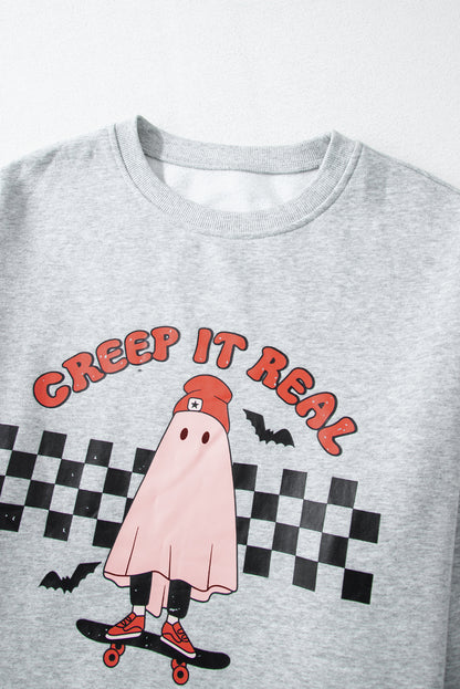 Creep It Real Ghost Print Plus Size Sweatshirt | Light Grey