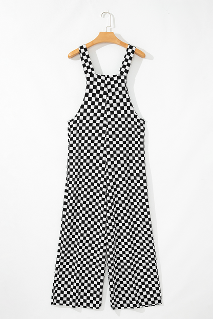 Checkered Print Pocketed Wide Leg Jumpsuit | Black