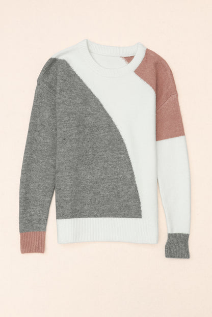 Colourblock Ribbed Trim Round Neck Sweater | Gray