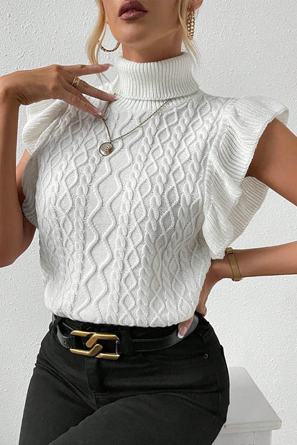 Turtle Neck Short Sleeve Cable Knit Ruffled Sweater | White