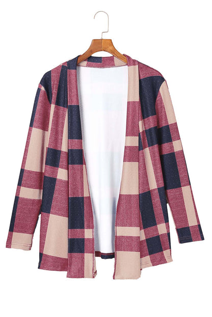 Draped Open Front Plaid Cardigan | Red