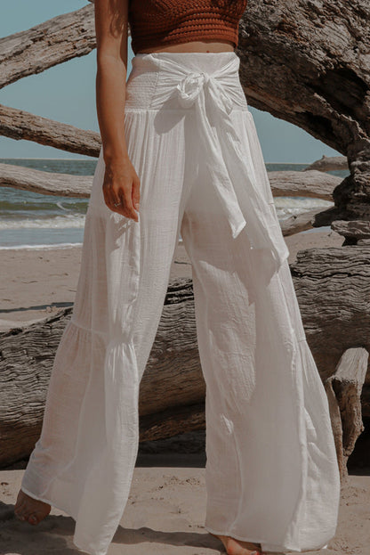 Smocked High Waist Bohemian Wide Leg Pants | White