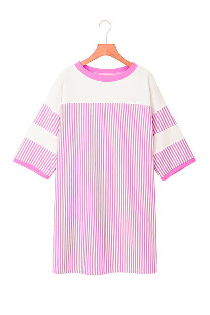 Striped Patchwork Three Quarters Sleeve Loose Mini Dress | Phalaenopsis