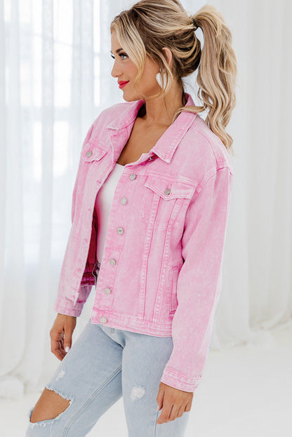 Acid Wash Button Flap Pocket Denim Jacket | Pink