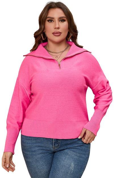 Solid Ribbed Trim Plus Size Zip Collar Sweater | Rose