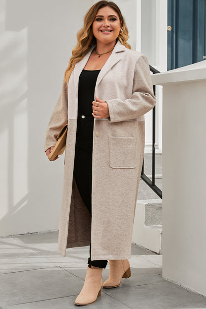 Plus Size Colourblock Lapel Collar Long Coat | Khaki