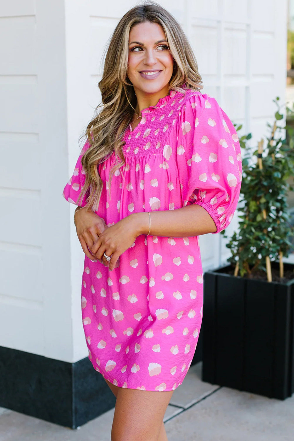 Printed Shirred Yoke Half Puff Sleeve Dress | Bright Pink