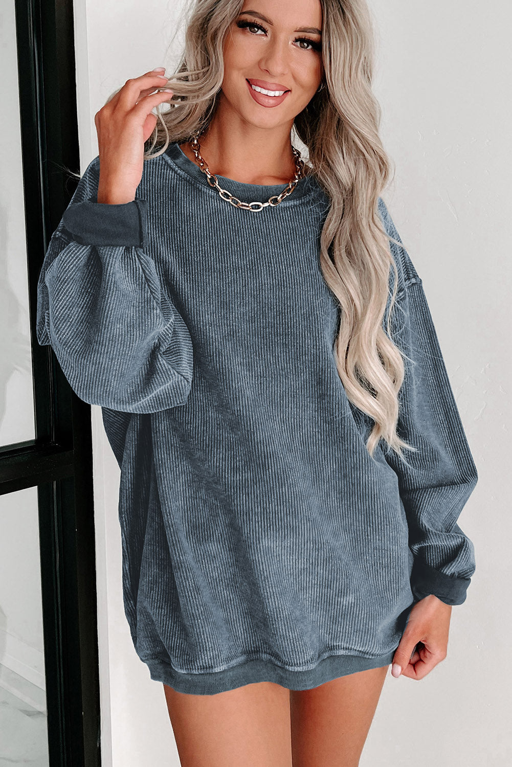 Solid Ribbed Knit Round Neck Pullover Sweatshirt | Blue