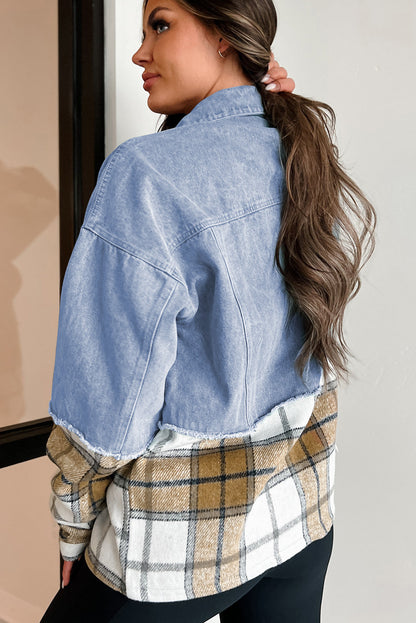 Plaid Patchwork Buttoned Oversized Denim Jacket | Khaki