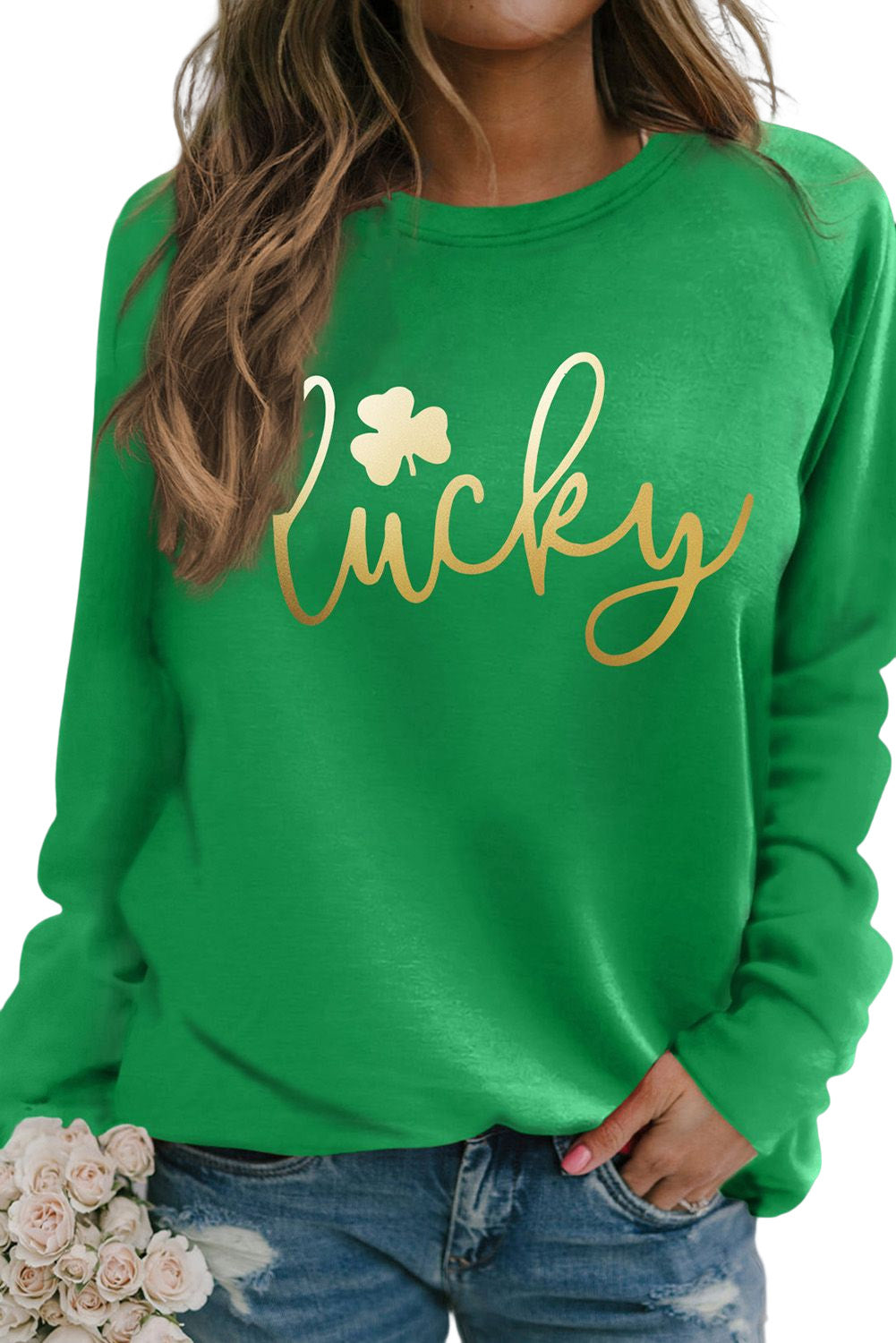 Lucky Glitter Graphic Raglan Sleeve Pullover Sweatshirt | Green