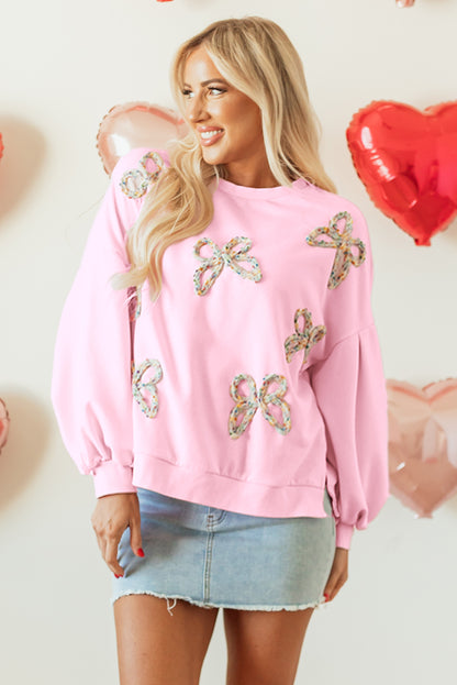 Embroidered Bow Lantern Sleeve Oversized Pullover Sweatshirt | Light Pink