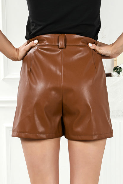 Faux Leather Pleated Casual Shorts | Brown