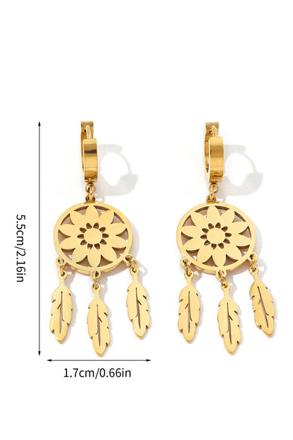 Dream Catcher Feather Fringed Alloy Dangle Earrings | Gold