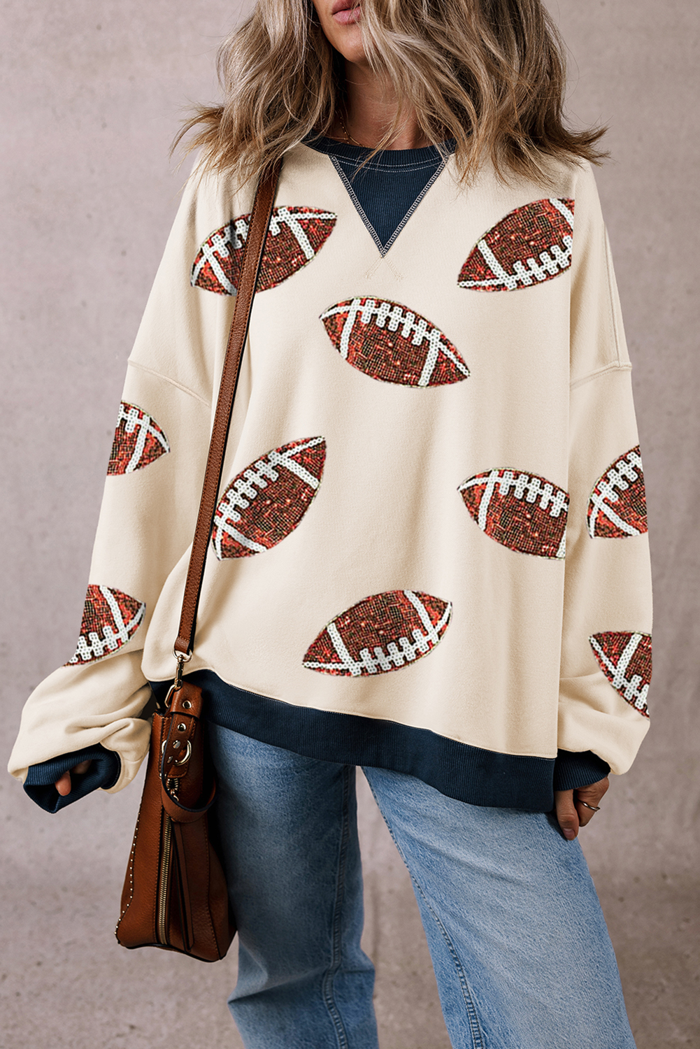 Sequin Football Graphic Crew Colourblock Sweatshirt | White