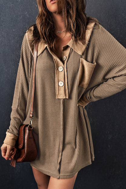 Waffle Knit Buttoned Long Sleeve Top | Brown